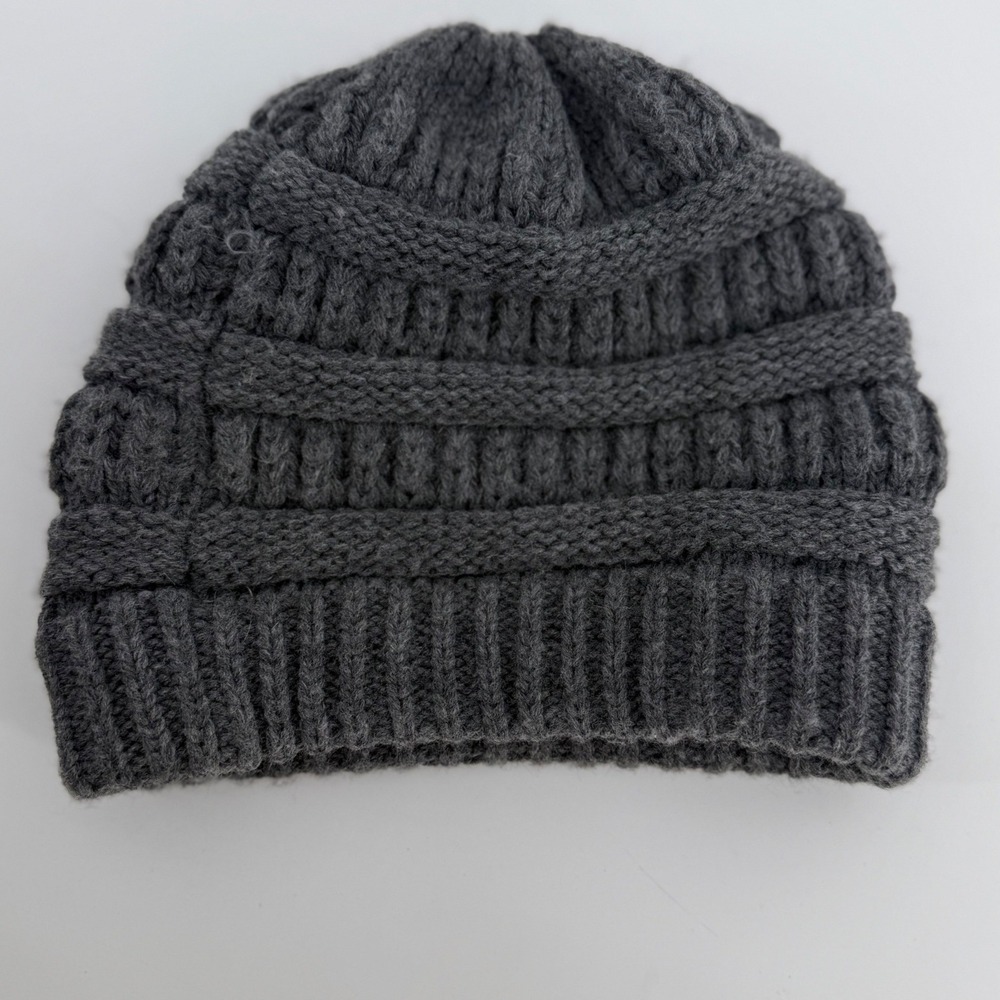 One Size Charcoal Grey Heather Ribbed Knit Beanie Hat